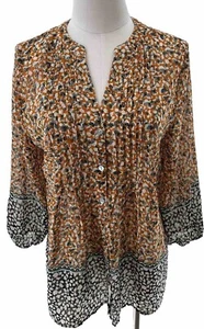 Fig And Flower Shirt Women’s M Orange Black White Tunic Floral Semi Sheer Boho - Picture 1 of 11