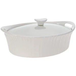 Cazuela de cerámica ovalada Corningware blanca francesa 2,5 qt/2,35 L plato de utensilios para hornear con tapa - Imagen 1 de 4
