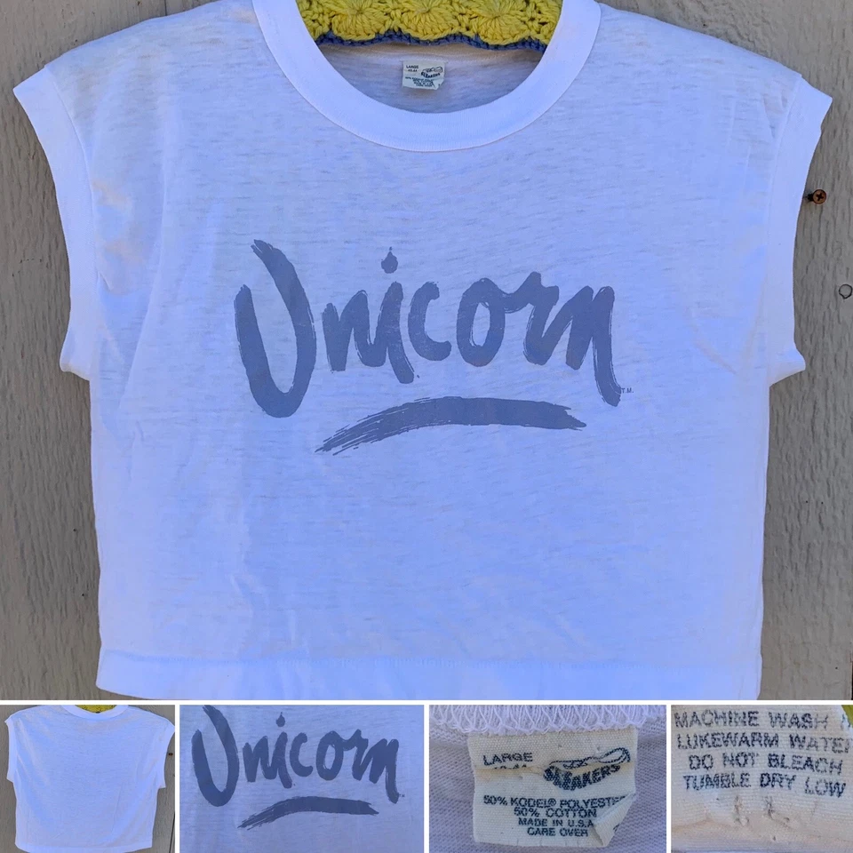 Camiseta corta vintage unicornio sin mangas camiseta musculosa media camiseta L años 70 80 Foto 1 de 4