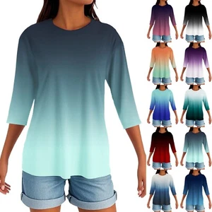 Women's Round Neck Hem Slit Fashion Casual Solid Color Three-quarter Sleeve Top - Picture 1 of 42