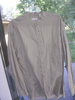 #327 Para Hombres SIN CUELLO Banda Cuello Rayas Algodón Manga Larga Botón Camisa XL Foto 1 de 2