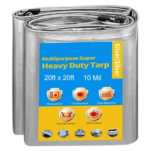 10Mil Heavy Duty Silver Poly Tarp 20' x 20' Tarpaulin Canopy Shelter Cover Shade - Picture 1 of 12