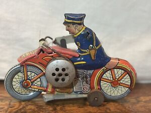 Vintage 1930's Louis Marx Police Motorcycle Tin Wind Up Toy w Siren Works