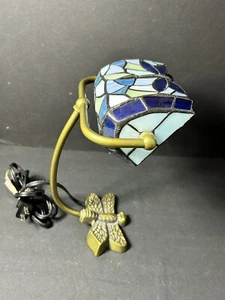Dragonfly Tiffany Style Lamp, Table Lamp, 10in Tall, Blue, Green, Some Cracks. - Picture 1 of 9