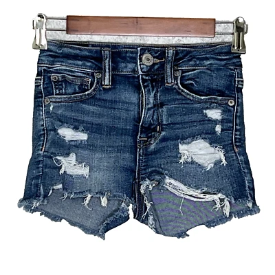 Pantalones cortos American Eagle para mujer desgastados tiro alto talla 00 denim elástico Foto 1 de 4