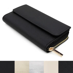 Premium Saffiano Vegan PU Leather Flap Wallet Zip Around Clutch Phone Organizer - Picture 1 of 35