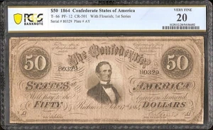 1864 $50 DOLLAR BILL CONFEDERATE STATES NOTE CIVIL WAR PAPER MONEY T-66 PCGS 20 - Picture 1 of 2