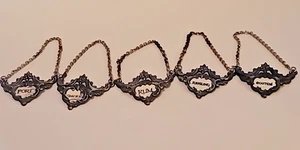 Lot of 5 Decanter Bottle Chain Hang Tags Label Made in England Vtg Metal Enamel - Picture 1 of 20