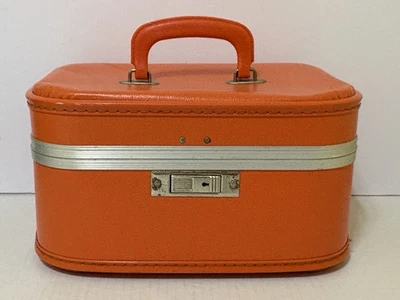 Vintage Original 1960s ORANGE Train Case / Makeup Case with Mirror - Image 1 of 4