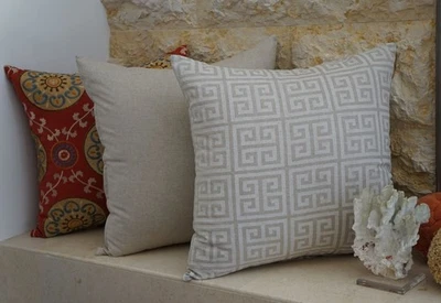 THE WELL DRESSED BED Greek Key Light Taupe Linen Accent Pillow Cover 21 x 21in - Image 1 of 2