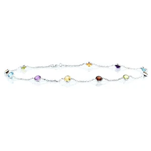 14K White Gold Gemstone Ankle Bracelet with Round Gemstones 11 Inches - Picture 1 of 1