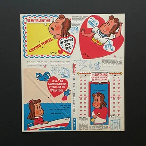Tarjetas de San Valentín Little Lulu años 50 perforadas KLEENEX promocionales una hoja - Imagen 1 de 1