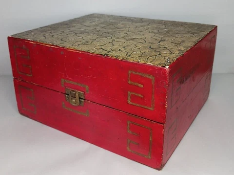 VTG Red Wooden Cabinet Jewelry Box Asian Motif 9"x 4.75"x 7.75" Outstanding!!! Cover