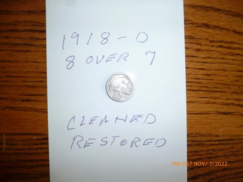 1918/7-D Buffalo Nickel - Fine Details - Rare Overdate been clean, restored Cover