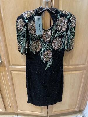 Vintage Scala Black Silk Sequin Beaded Cocktail Dress Size Small Padded Shoulder - Image 1 of 4