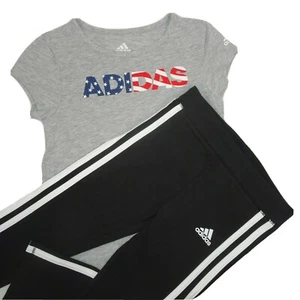 Adidas Girls T-Shirt & Pants Capri 2-piece Set Gray Black Size Small USA Flag - Picture 1 of 12