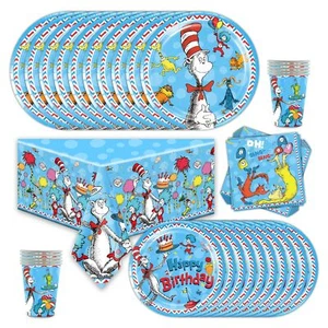Dr Seuss Party Supplies Set Plates Cups Tablecloth Napkins Birthday Decor - Picture 1 of 6