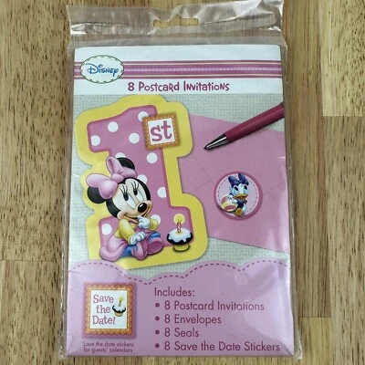 Minnie Mouse Disney 1st BIRTHDAY PARTY 8 INVITATIONS SAVE DATE SEALS ENVELOPES - Image 1 of 4