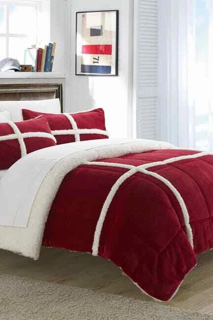 $182 CHIC HOME Bedding Comforter Set Camille Box Queen Shearling Lined Red Set - Image 1 of 4