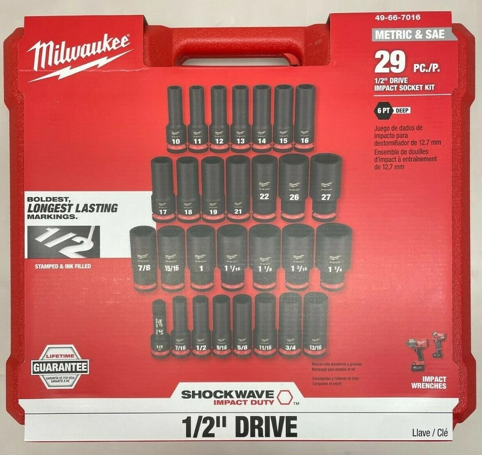 Milwaukee 49-66-7016 Shockwave Metric & SAE 29 piece 1/2 Dr Impact Socket set  - Image 1 of 1
