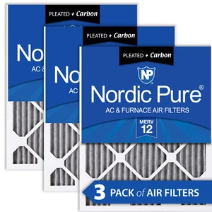 20x20x1 (19_1/2x19_1/2) Furnace Air Filters MERV 12 Pleated Plus Carbon 3 Pack - Picture 1 of 6