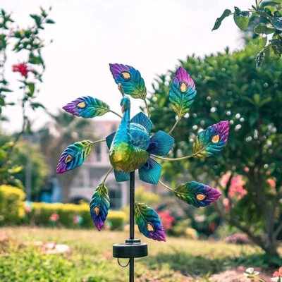 Peacock Garden Decor Wind Spinner LightUp Windmill Solar Powered LED Glass Globe - Image 1 of 4