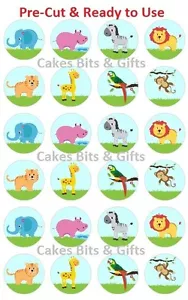24 BABY JUNGLE ANIMALS Edible Wafer Cupcake Cake Toppers PreCut & Ready to Use - Picture 1 of 2
