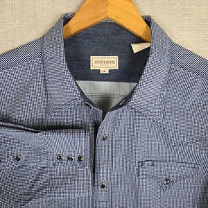 STETSON Mens Size 2XL Western Pearl Snap Front Sport Shirt Blue Checks Cotton - Picture 1 of 19