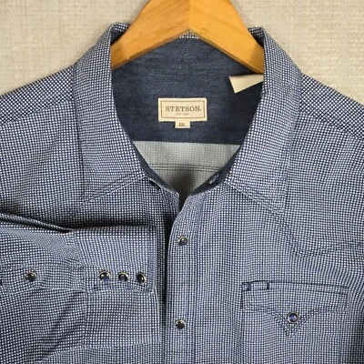 STETSON Mens Size 2XL Western Pearl Snap Front Sport Shirt Blue Checks Cotton - Image 1 of 4