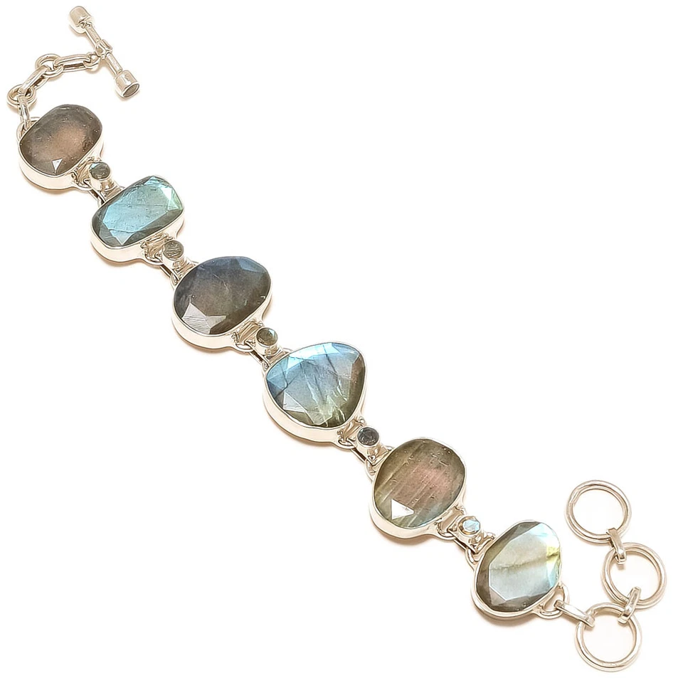 925 solid Sterling Silver Amazing Natural Labradorite stone Bracelet 8" INCHE - Image 1 of 1