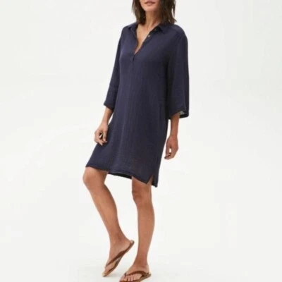 MICHAEL STARS Double Gauze Cecily Popover Collar Dress Navy Blue Cotton Small - Image 1 of 4