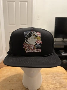 Vintage Harley Davidson Black Trucker Hat Eagle American Flag - Picture 1 of 8
