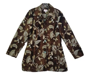 3 Sisters Brown Blue Velvet Cotton Linen Button Down Paisley Floral Jacket Large - Picture 1 of 12