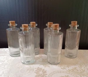 Lot of 6 Ribbed Clear Glass Bottles With Cork stopper - 6 oz. - Picture 1 of 2