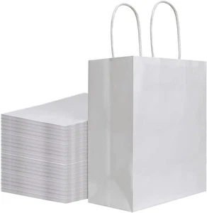 100Pcs Pack 8X4.75X10 Inch Medium White Kraft Paper Bags with Handles Bulk, Gift - Picture 1 of 12