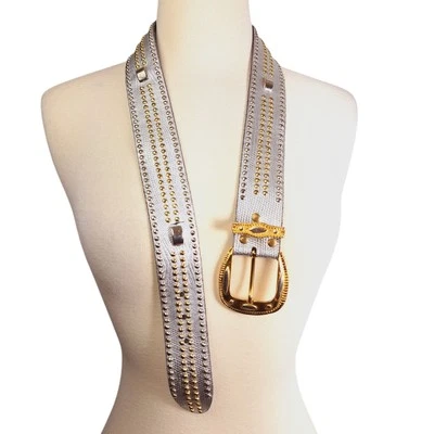 Cinturón vintage de cuero genuino mezclado metal plata oro tachonado Glam Rock talla M/L Foto 1 de 4