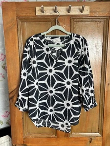 Size 14 Next 100% Cotton Floral Lightweight Blouse Navy And White Top 3/4 Sleeve - Picture 1 of 7