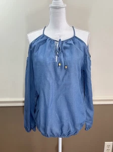 Top donna Michael Kors spalle fredde Chambray PICCOLO blu manica lunga - Foto 1 di 8