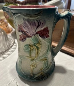 Vecchia brocca /caraffa/pichet -barbotine - fiori - ceramica francese - Foto 1 di 10