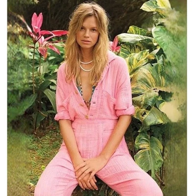 Free People Madrid Pink Double Cloth Guaze Button Down Onepiece Jumpsuit Small - Image 1 of 4