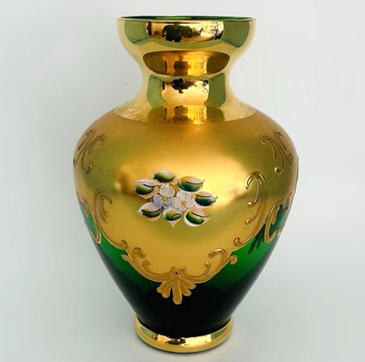 Bohemian Czech Green & Gold Glass Vase Floral Vintage 8" - Image 1 of 4
