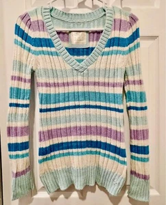 Justice Love Yourself Girls size 20 Striped V-neck Sweater Blue & White - Picture 1 of 4