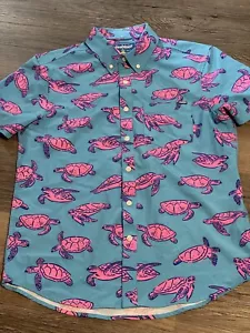 Chubbies Shirt Mens S Pink Teal Aqua Sea Turtles Hawaiian Beach Casual Button SS - Picture 1 of 8