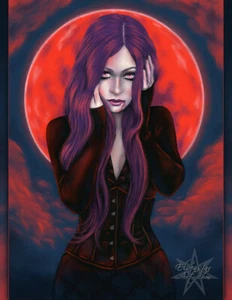 Vampire Art PRINT Gothic Full Moon Blood Moon Night Red Blue Woman Portrait - Picture 1 of 5