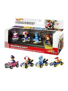 Pack de 4 Mario Kart Hot Wheels, Waluigi, crapaud, bleu clair Yoshi, Diddy Kong