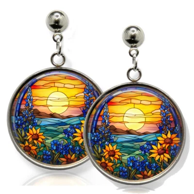 Серьги-гвоздики из искусственного витражного стекла с цветами и подсолнухами штата Техас - Изображение 1 из 3