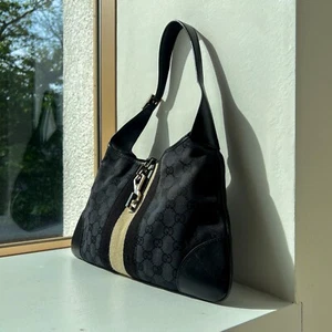 GUCCI GG Canvas Jackie Shoulder Bag Black Leather Handbag Sherry Purse Authentic - Picture 1 of 24