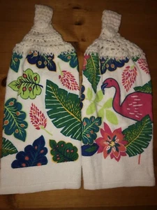 Pair of Hand Crocheted Hanging Kitchen Dish Towels- Flamingo Floral Multi Color - Picture 1 of 4
