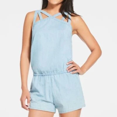 NWOT Fabletics Liza Blue Chambray Mini Romper with Crisscross Back Straps - Image 1 of 4