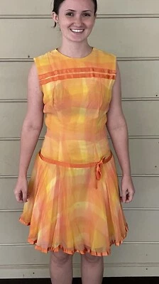 Vestido Vintage Años 60 Cintura Caída Sin Mangas Naranja/Amarillo Talla Pequeña Foto 1 de 4